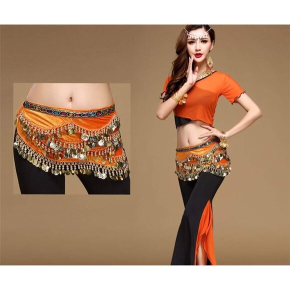 Women's Triangular Belly Dance Hip Scarf Wrap Orange Skirts with Gold Coins - Picture 2 of 4